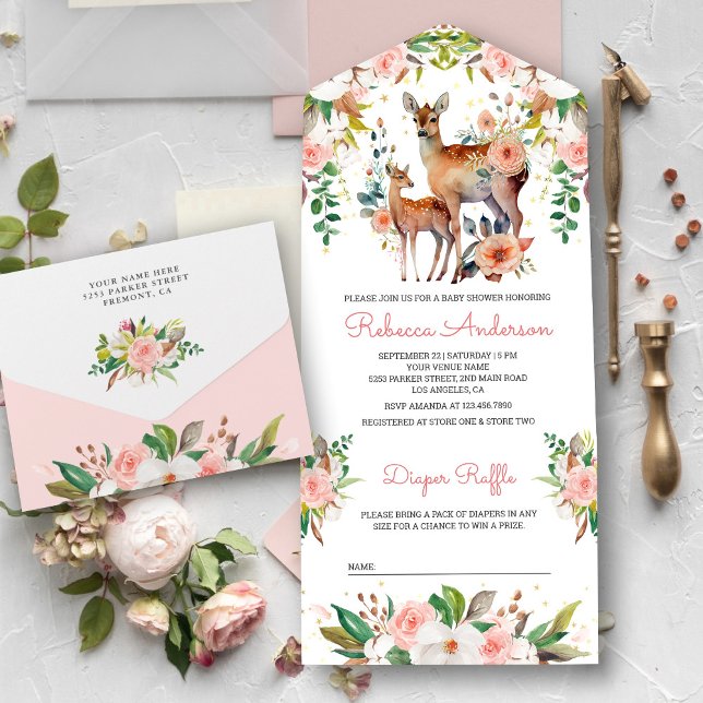 Mummy and Baby Floral Deer Baby Shower All In One Invitation (Creator Uploaded)