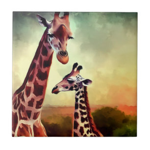 Mummy And Baby Giraffe Watercolour, Ceramic Tile