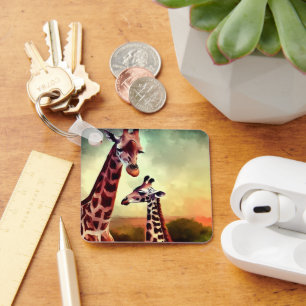 Mummy And Baby Giraffe Watercolour, Key Ring