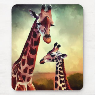 Mummy And Baby Giraffe Watercolour, Mouse Pad