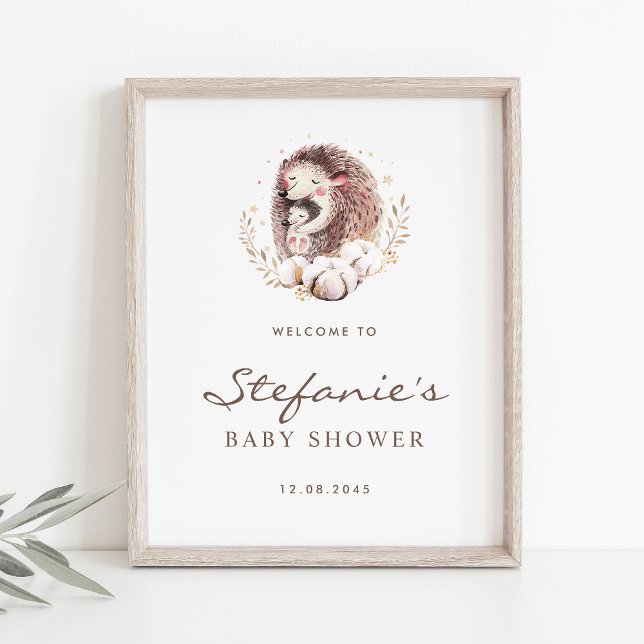 Mummy and Baby Hedgehog Forest Baby Shower Welcome Poster (Woodland theme baby shower welcome sign featuring watercolor mommy and baby hedgehog.)