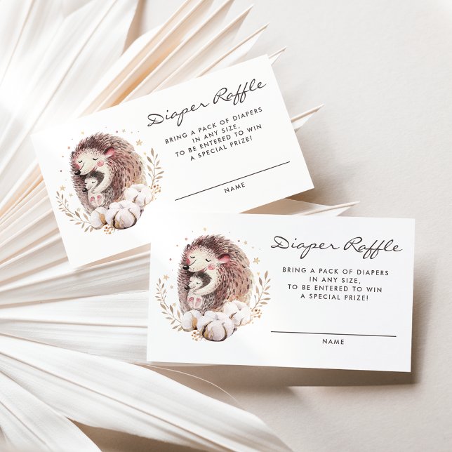 Mummy and Baby Hedgehog Woodland Diaper Raffle Business Card (Woodland theme baby shower diaper raffle card featuring watercolor mommy and baby hedgehog.)