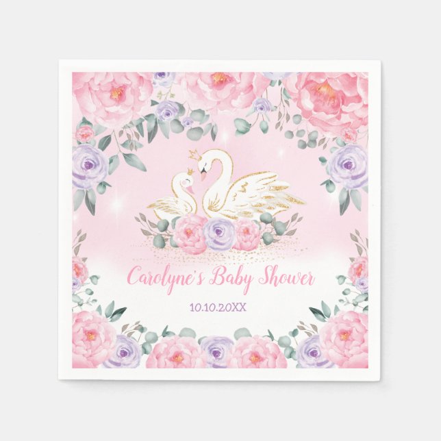 Mummy and Baby Swan Princess | Pink Purple Flowers Napkin (Front)