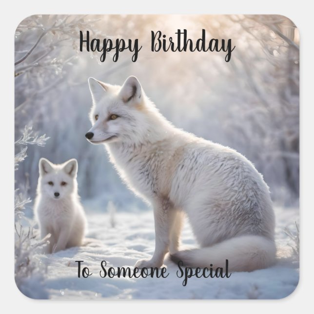 Mummy And Baby White Arctic Fox, Birthday  Square Sticker (Front)
