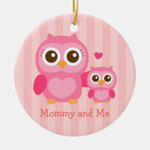 Mummy and Me, Cute Baby Owl, Pink Ceramic Ornament