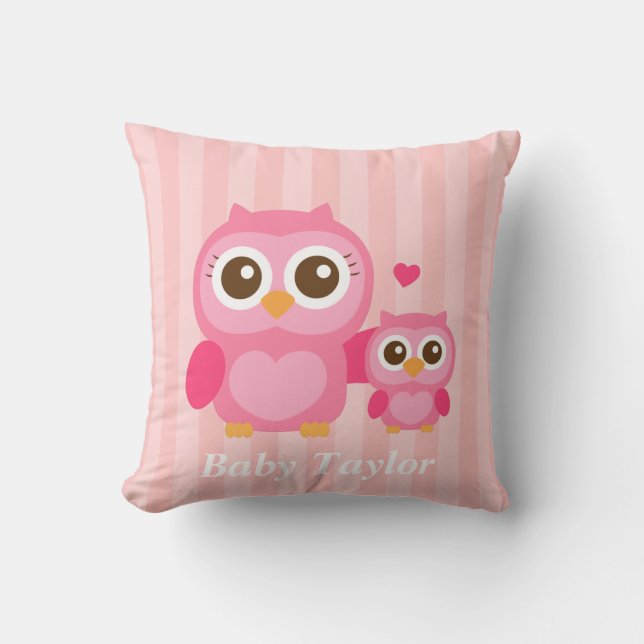 Mummy and Me, Cute Baby Owl, Pink Cushion (Front)
