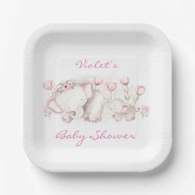 Mummy and Me Elephant Pastel Girl Baby Shower Paper Plate (Front)