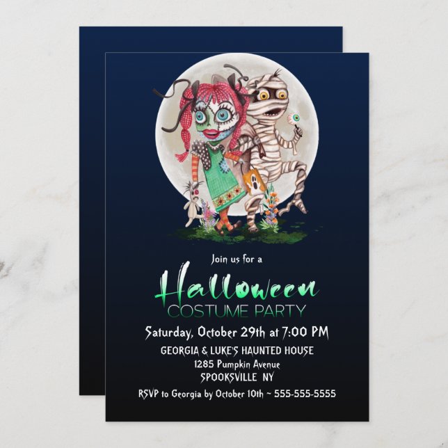 Mummy and Rag Doll Halloween Costume Party Invitation (Front/Back)