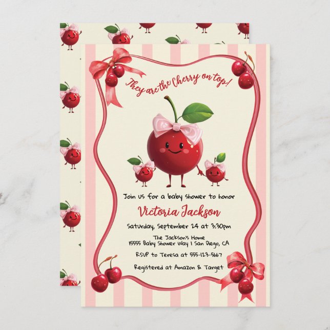 Mummy and twin girls Baby Cherry Baby Shower Invitation (Front/Back)