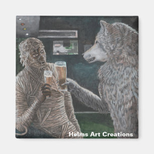 Mummy and Werewolf Drinking Beer Button Magnet