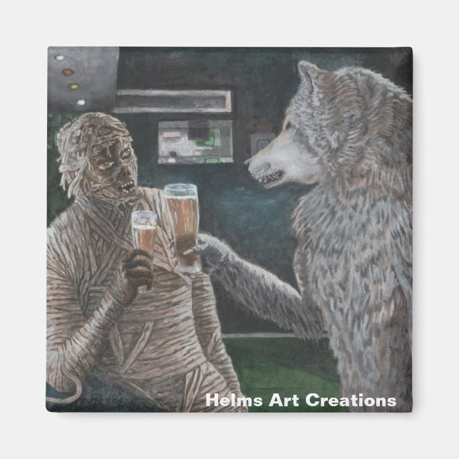 Mummy and Werewolf Drinking Beer Button Magnet (Front)