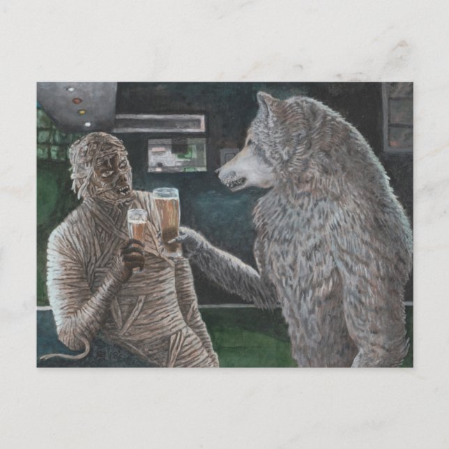 Mummy and Werewolf Drinking Beer Fantasy Postcard (Front)