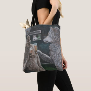 Mummy and Werewolf Drinking Beer Graphic Tote Bag