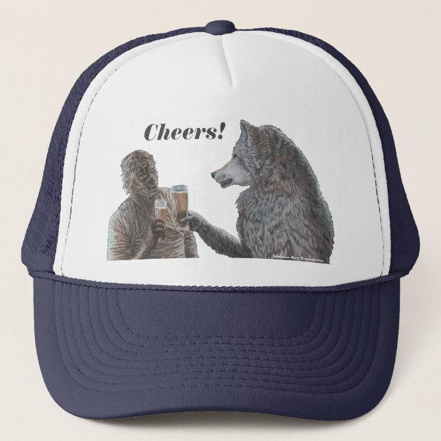 Mummy and Werewolf Drinking Beer Hat (Front)