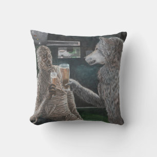 Mummy and Werewolf Drinking Beer Throw Pillow