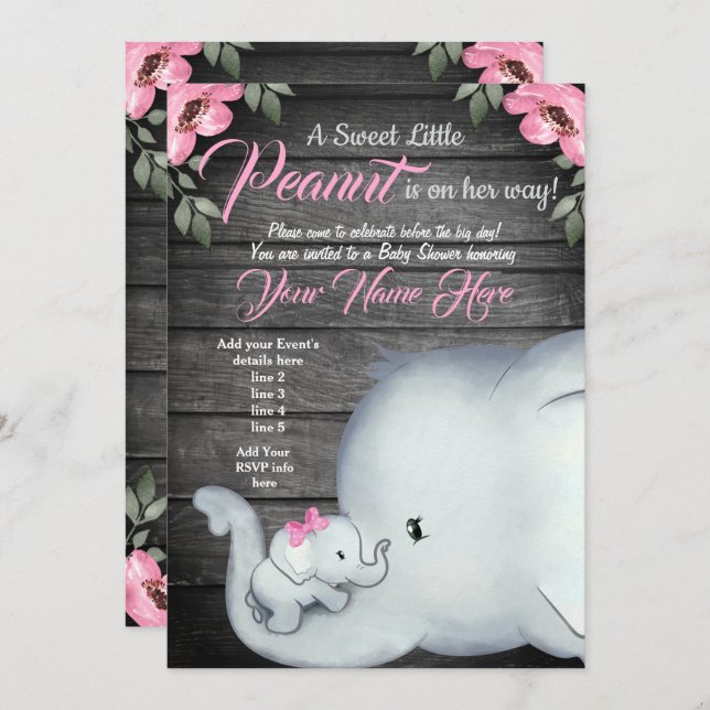 Mummy Baby Elephant Baby Shower Invitation, rustic Invitation (Front/Back)