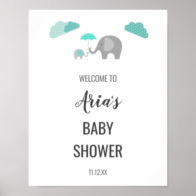Mummy Baby Elephant Clouds Baby Shower Welcome Poster (Front)