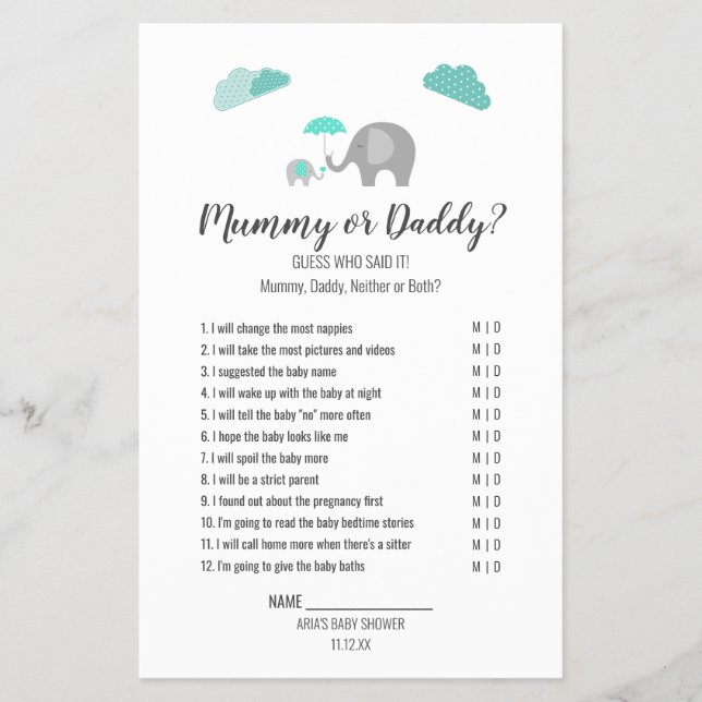 Mummy Baby Elephant with Clouds Mummy/Daddy Game Flyer (Front)