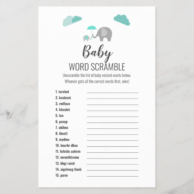 Mummy Baby Elephant with Clouds UK Words Scramble Flyer (Front)
