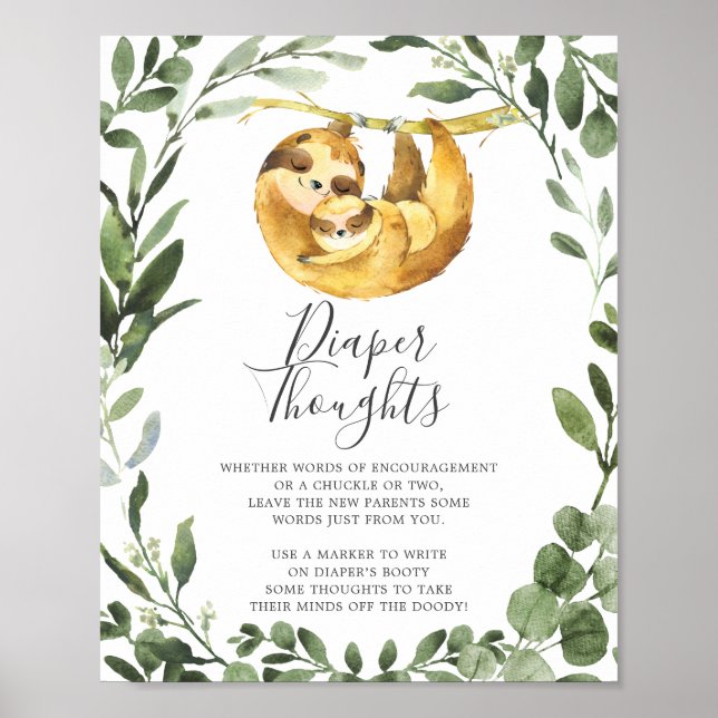 Mummy Baby Sloth Baby Shower Diaper Thoughts Sign (Front)
