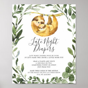 Mummy Baby Sloth Baby Shower Late Night Diapers Poster