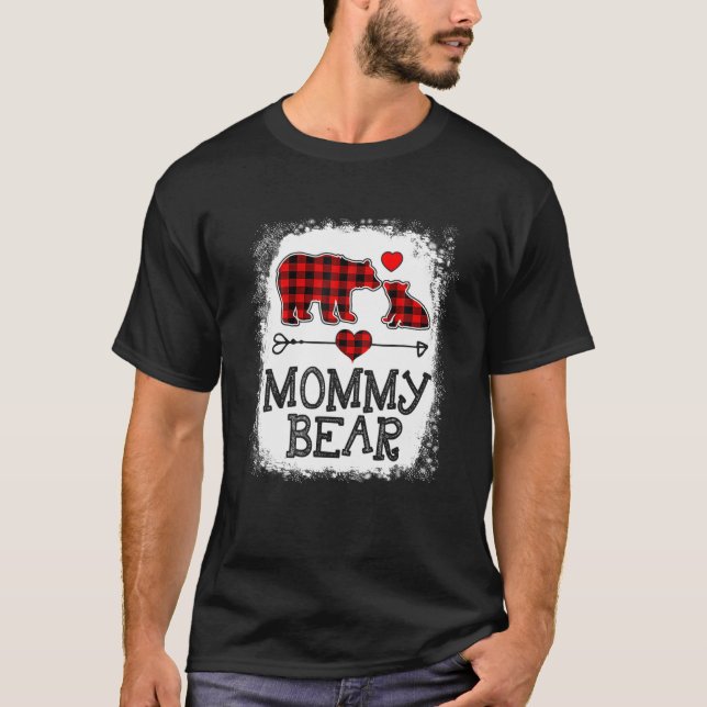 Mummy Bear Christmas Pajama Red Plaid Buffalo Fami T-Shirt (Front)