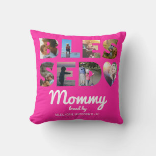 Mummy Blessed Photo Collage Personalised Hot Pink Cushion