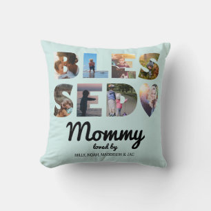 Mummy Blessed Photo Collage Personalised Mint Cushion