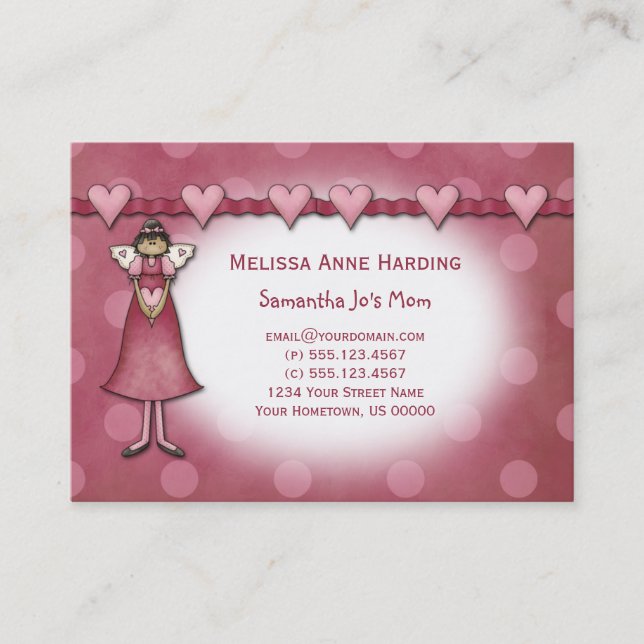 Mummy Calling Cards Pink Hearts Dots Angels (Front)