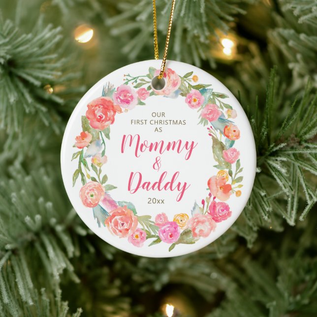 Mummy & Daddy 1st Christmas Floral Personalised Ceramic Ornament (Tree)