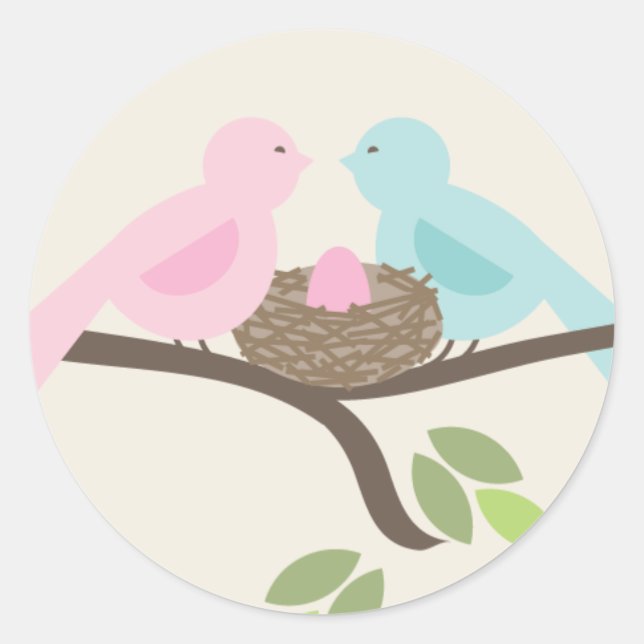 Mummy & Daddy Birds & Pink Egg Baby Shower Classic Round Sticker (Front)