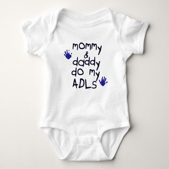 Mummy & Daddy do my ADLs blue handprint OT baby Bodysuit (Front)