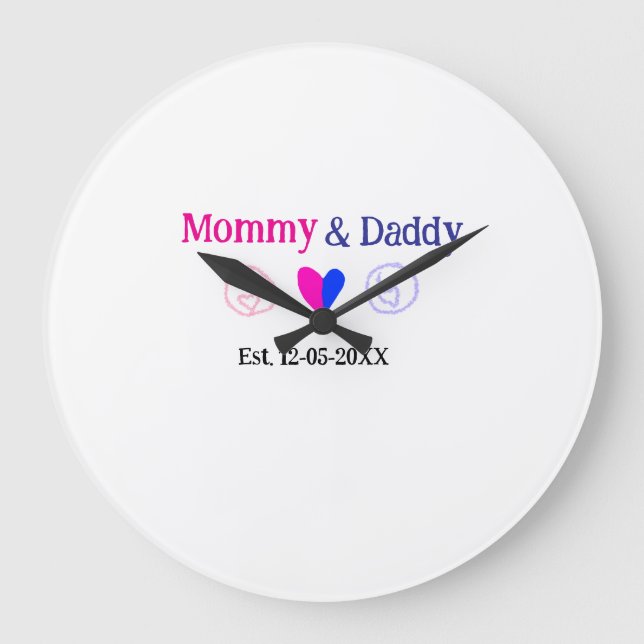 Mummy & Daddy new parents add name date heart blue Large Clock (Front)
