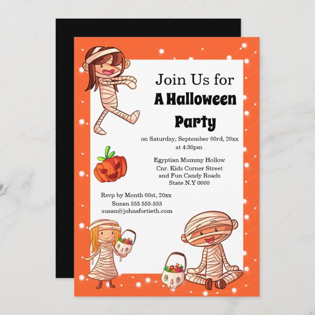 Mummy egyptian cartoon monsters cute kids dress up invitation (Front/Back)