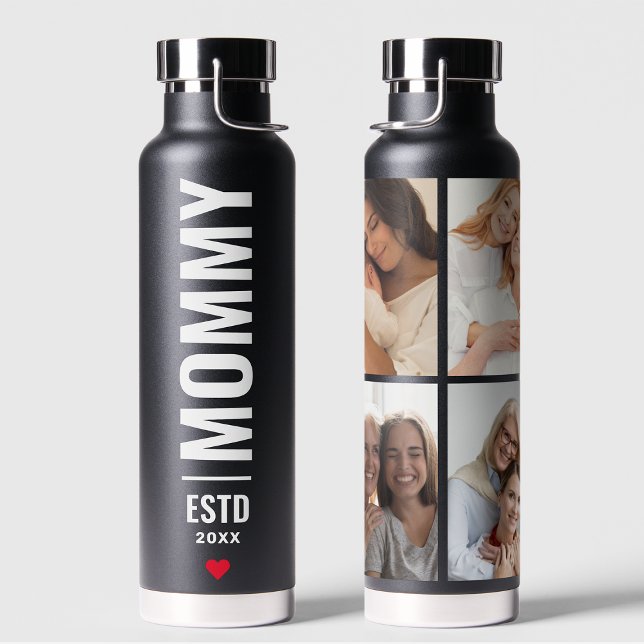  Mummy Established | Custom Date 4 Photo Black Water Bottle (Creator Uploaded)
