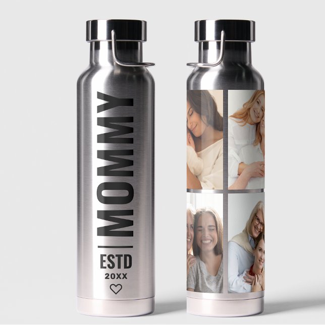  Mummy Established | Custom Date 4 Photo Collage Water Bottle (Creator Uploaded)