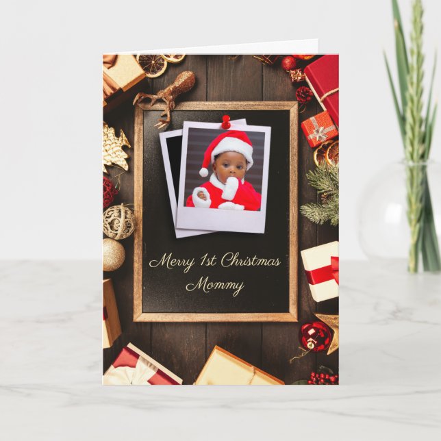 Mummy First Christmas Rustic Wood Chalkboard Photo Holiday Card (Front)
