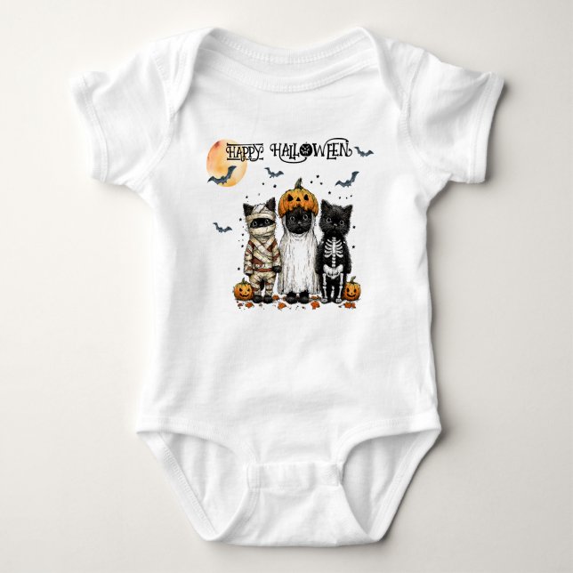Mummy, Ghost & Skeleton Kitties on Halloween Baby Bodysuit (Front)