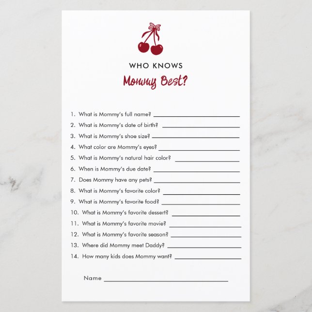 Mummy Knows Best Baby Shower Game Cherry Bow Red (Front)