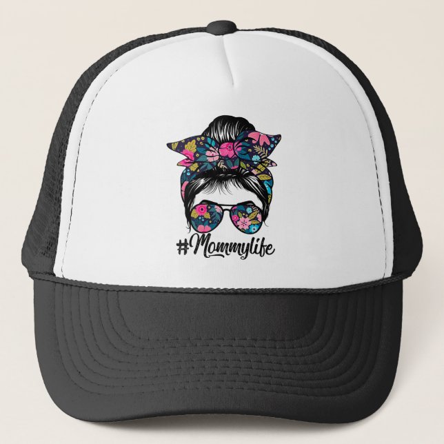 Mummy Life Messy Hair Bun Floral Women Mother Trucker Hat (Front)