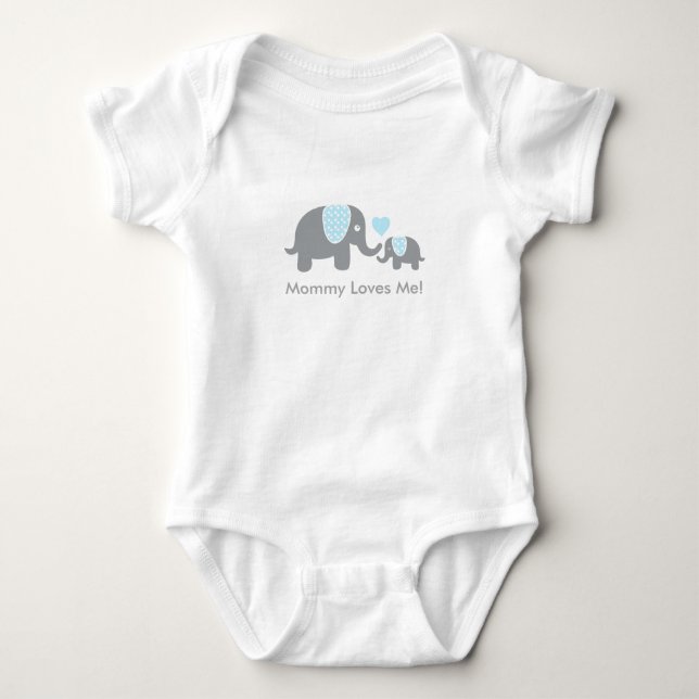 Mummy Loves Me Elephants in Blue and Grey Baby Bodysuit (Front)