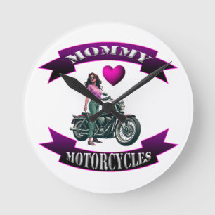 Mummy Loves Motorcycles Round Clock