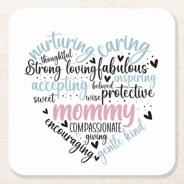 Mummy Loving Caring Heart Square Paper Coaster (Front)