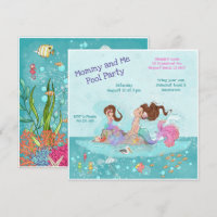 Mummy & Me Pool Girly Brunette Mermaids Invitation