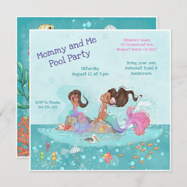 Mummy & Me Pool Girly Turquoise Pink Mermaids Invitation (Front/Back)