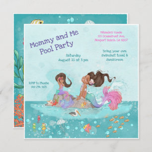 Mummy & Me Pool Girly Turquoise Pink Mermaids Invitation
