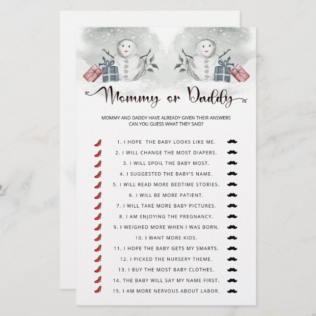 Mummy or daddy baby shower baby game (Front/Back)