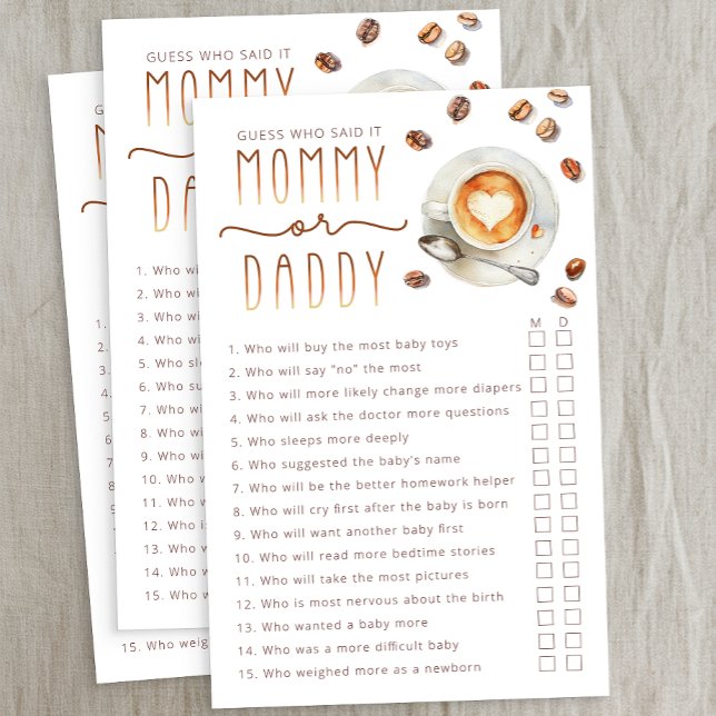 Mummy or Daddy Baby Shower Game Sheet (Baby Shower Game)