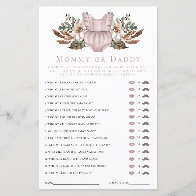 Mummy or Daddy Cute Boho Clothes Baby Shower Game (Front)