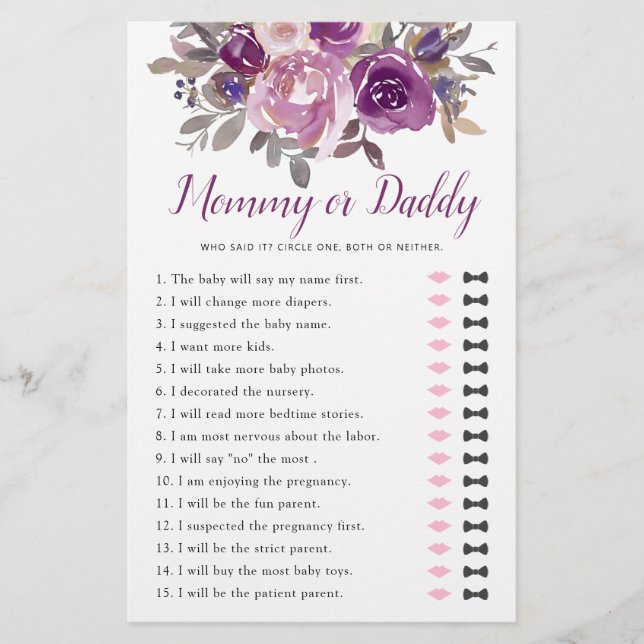 Mummy or Daddy Dusty Mauve Purple Baby Shower Game (Front)